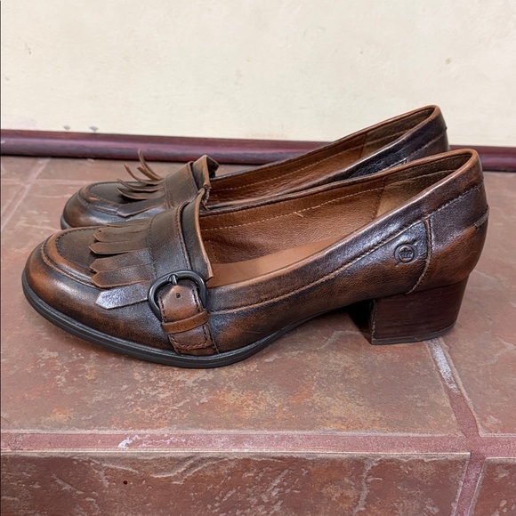 Born Shoes - Born Lissette Brown Leather Fringed Heeled Women's Loafer Shoes Size 10